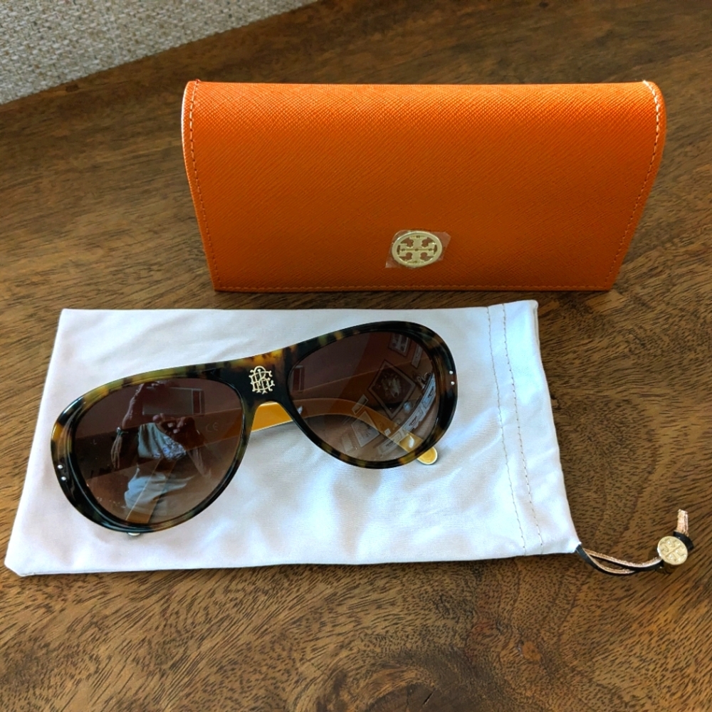 Tory Burch TY7016 Brown Tortoise & Yellow Sunglasses, Logo Sleeve & Logo Case